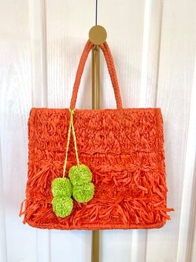 Vintage Paper Straw Fringed Handbag Tote, Tangerine, Lime Green Pompom's, Lined
